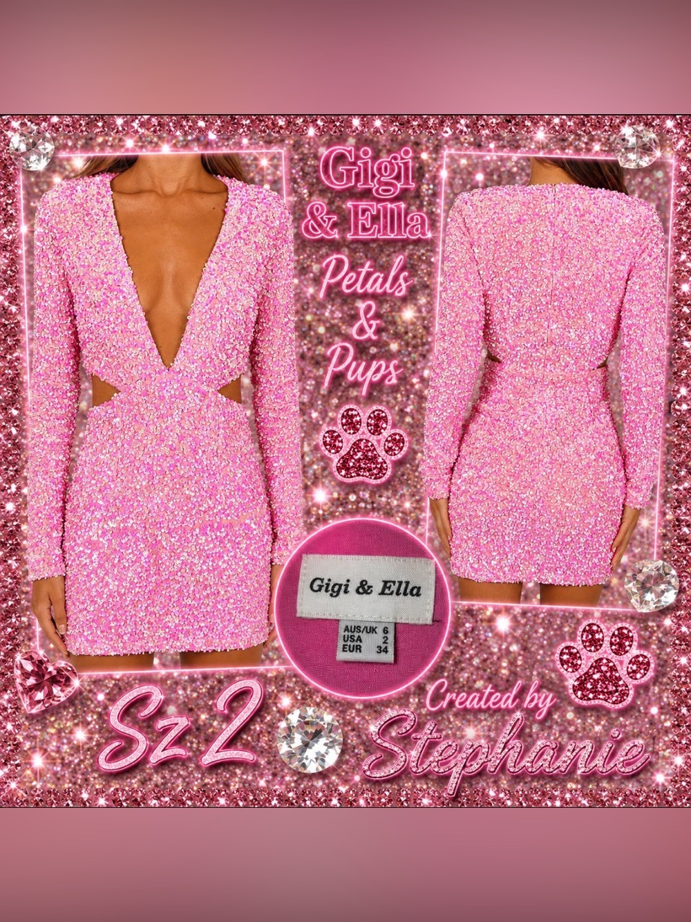 Pink Sequin Long-Sleeve Bodycon Dress Homecoming mini Sz 2